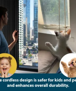 Blackout window blinds in a bedroom, showcasing a cordless design for enhanced safety for children and pets.