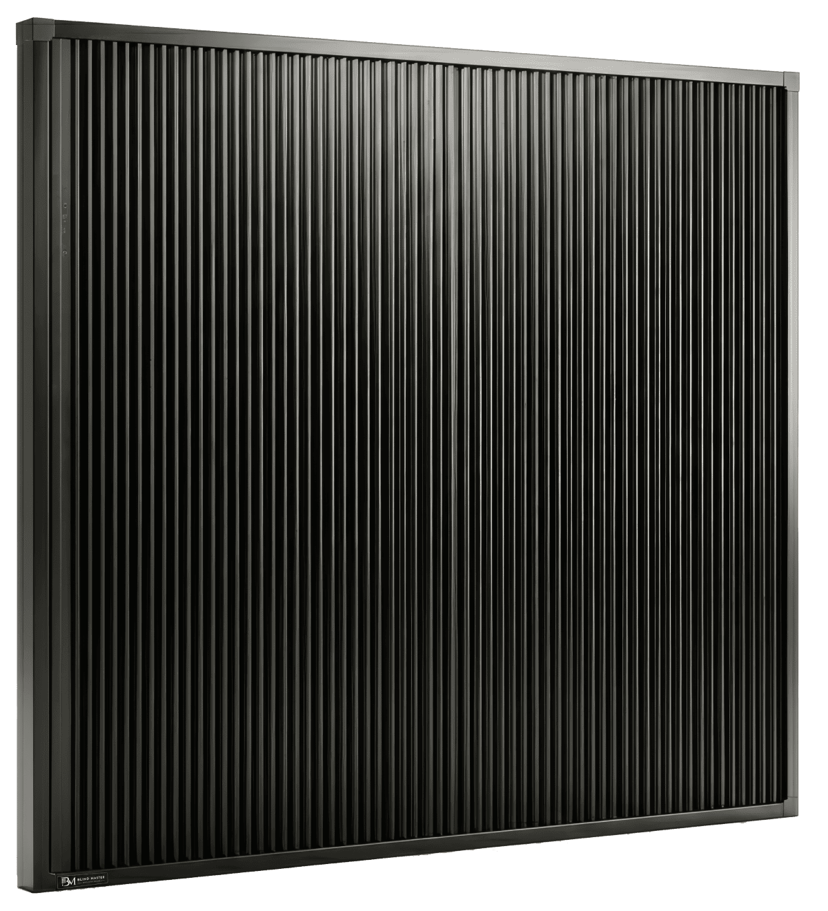 A black panel featuring vertical stripes, creating a textured and visually striking design element.